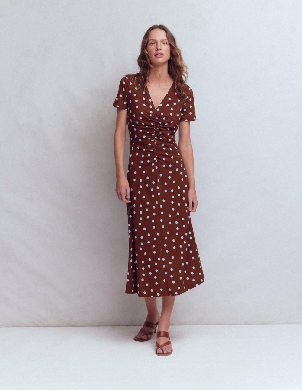 Una Ruched Front Ponte Dress-Raw Umber, Painted Dot / Boden Online