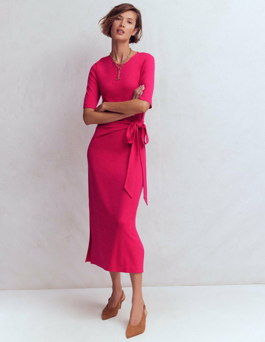 Zinnia Tie Ponte Midi Dress-Vibrant Pink / Boden On sale