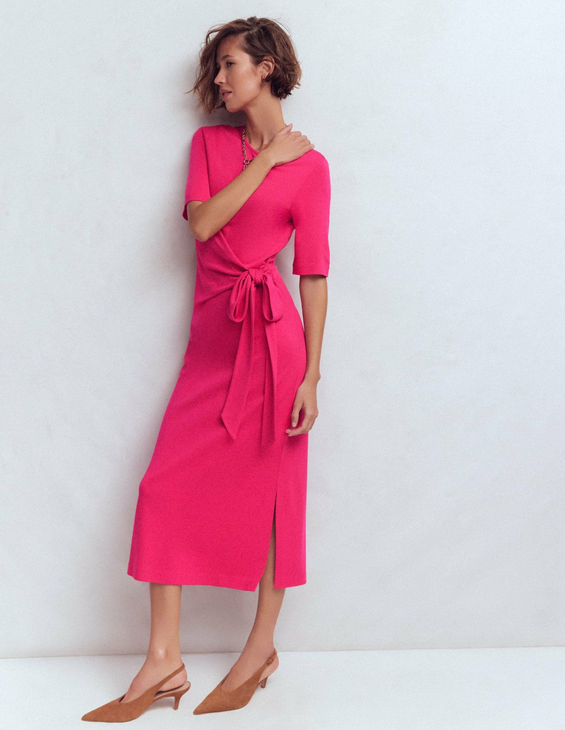 Zinnia Tie Ponte Midi Dress-Vibrant Pink / Boden On sale