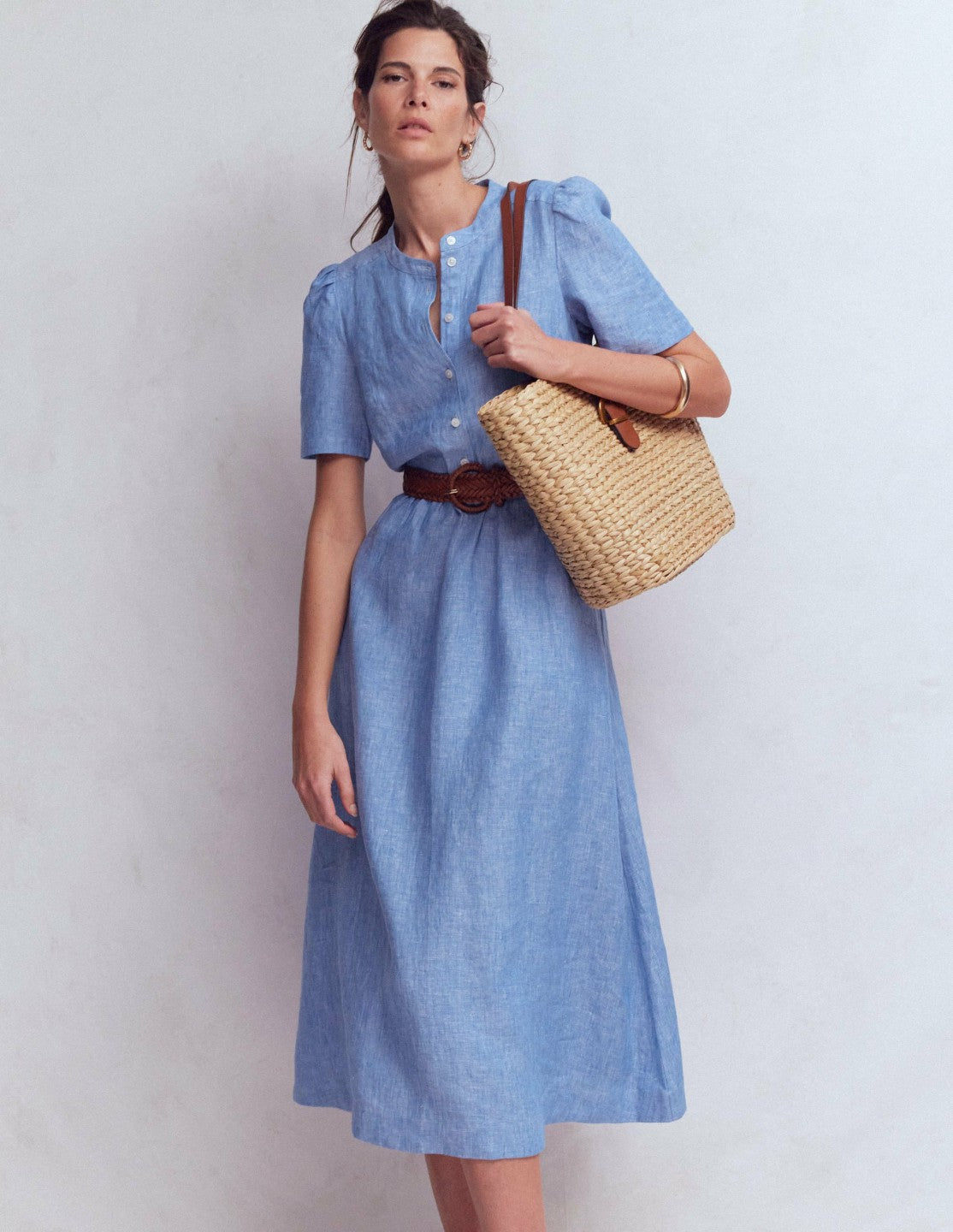 Ivy Placket Linen Midi Dress-Summer Blue Chambray / Boden