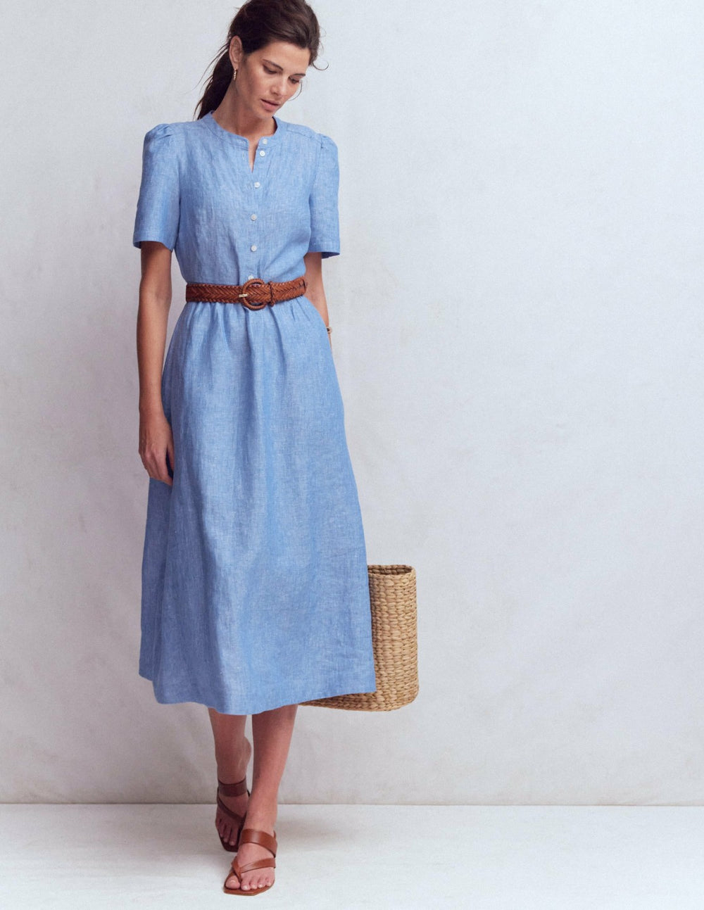 Ivy Placket Linen Midi Dress-Summer Blue Chambray / Boden