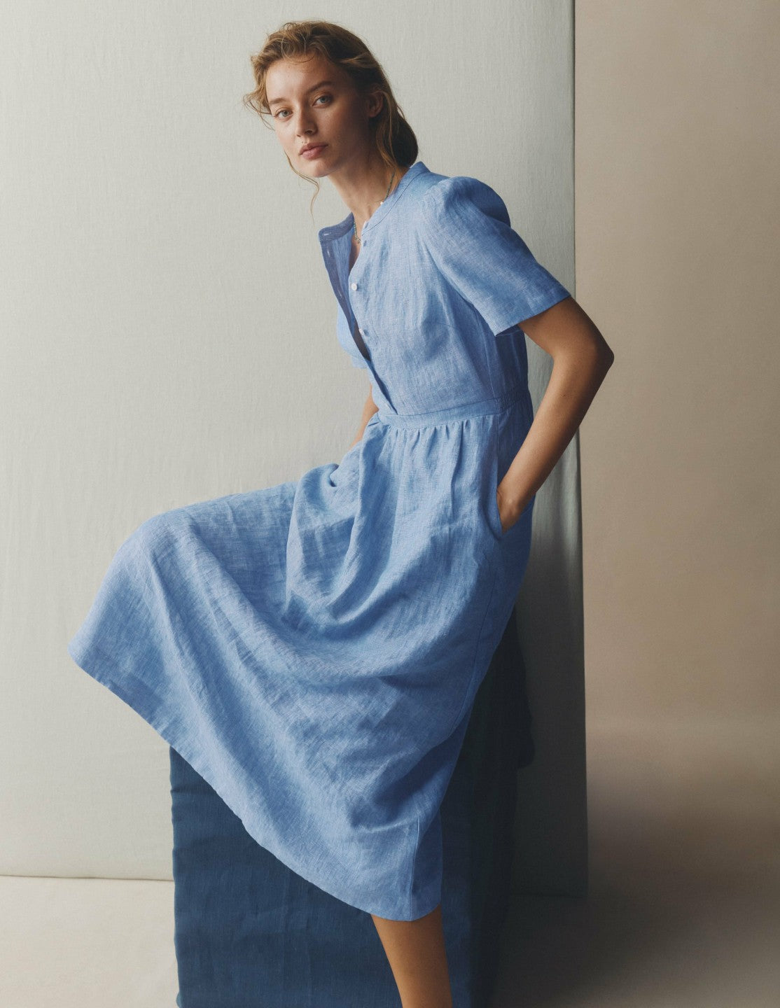 Ivy Placket Linen Midi Dress-Summer Blue Chambray / Boden
