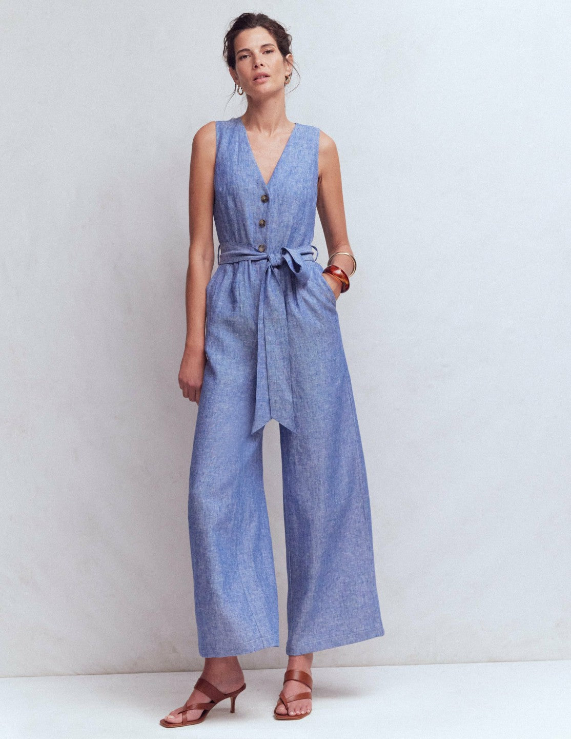 Laura V-neck Linen Jumpsuit-Authentic Blue Chambray / Boden Outlet