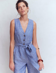 Laura V-neck Linen Jumpsuit-Authentic Blue Chambray / Boden Outlet