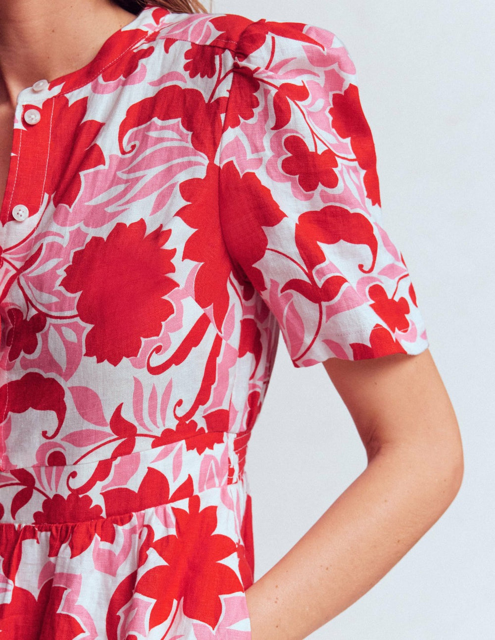 Ivy Placket Linen Midi Dress-Red Shadow Blossom / Boden Discount