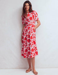 Ivy Placket Linen Midi Dress-Red Shadow Blossom / Boden Discount