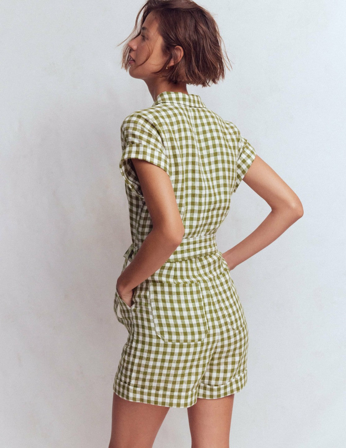 Kay Linen Playsuit-Olive, Ivory Gingham / Boden Sale