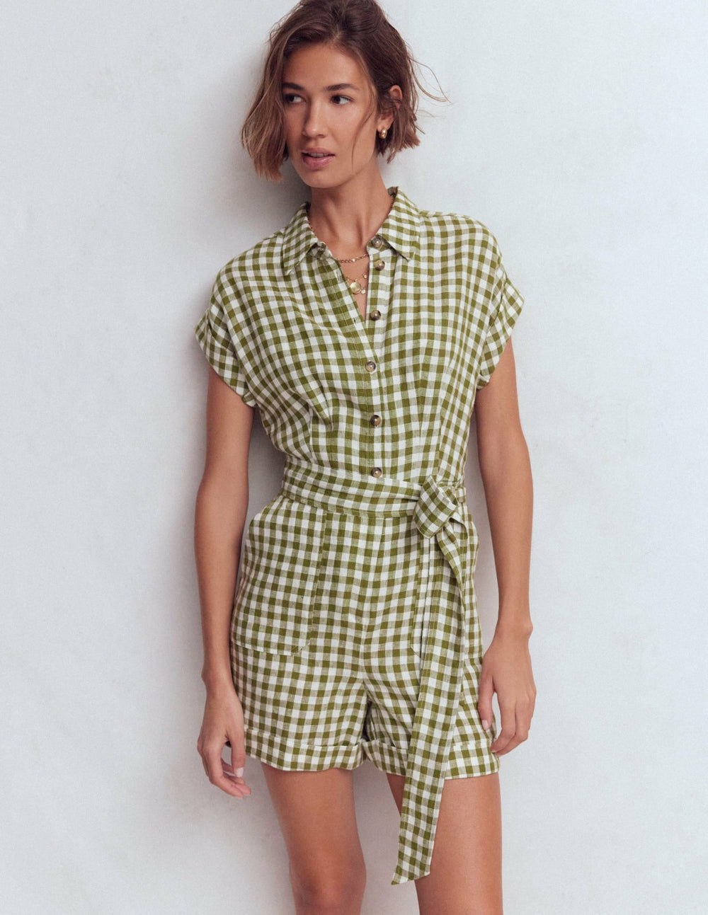 Kay Linen Playsuit-Olive, Ivory Gingham / Boden Sale