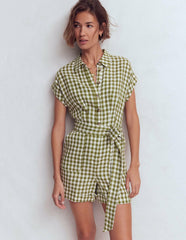 Kay Linen Playsuit-Olive, Ivory Gingham / Boden Sale