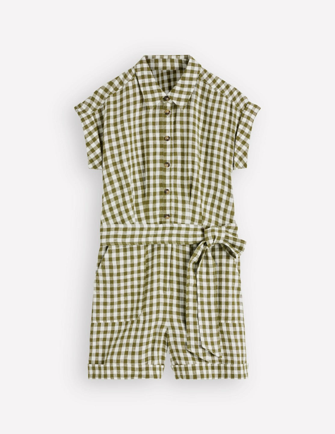 Kay Linen Playsuit-Olive, Ivory Gingham / Boden Sale