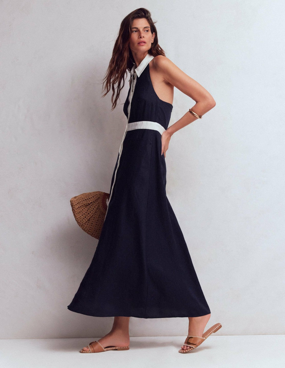 Eva Collar Halter Linen Dress-Navy Ivory / Boden Online