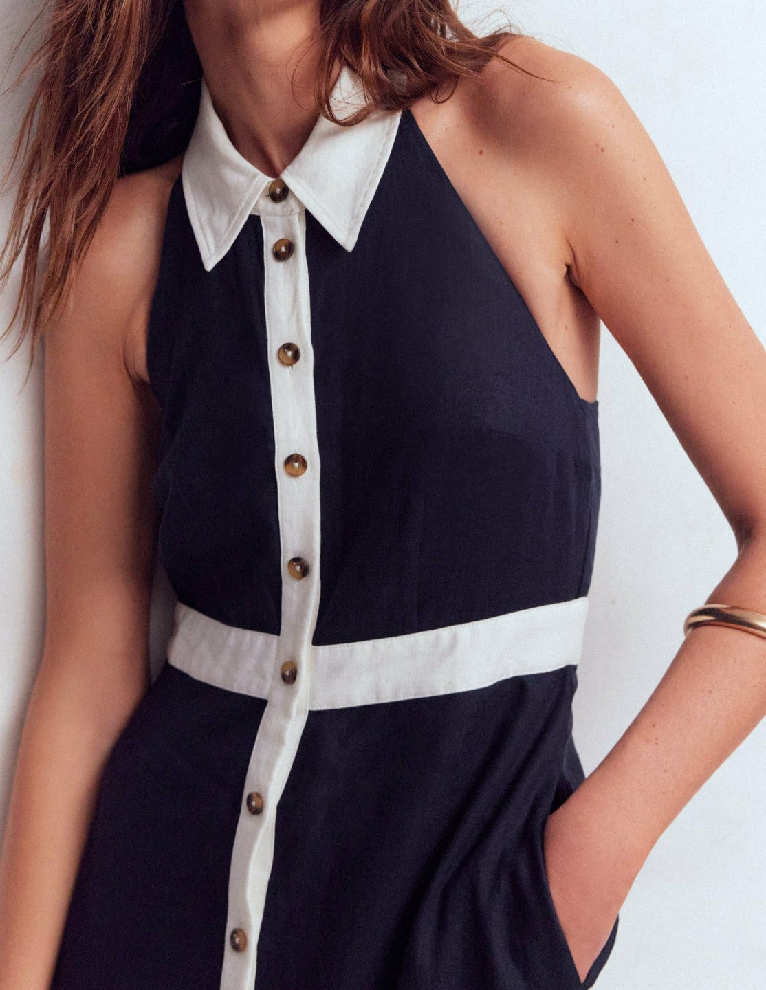 Eva Collar Halter Linen Dress-Navy Ivory / Boden Online