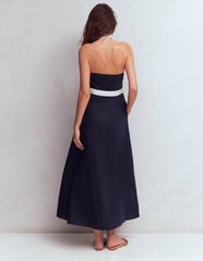 Eva Collar Halter Linen Dress-Navy Ivory / Boden Online