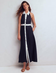 Eva Collar Halter Linen Dress-Navy Ivory / Boden Online