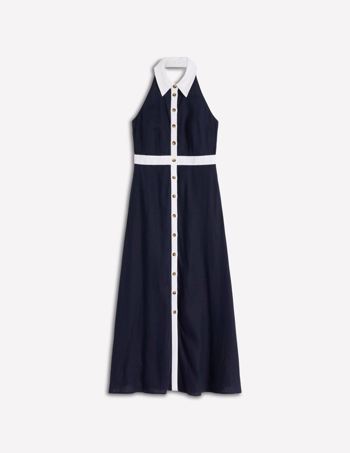 Eva Collar Halter Linen Dress-Navy Ivory / Boden Online