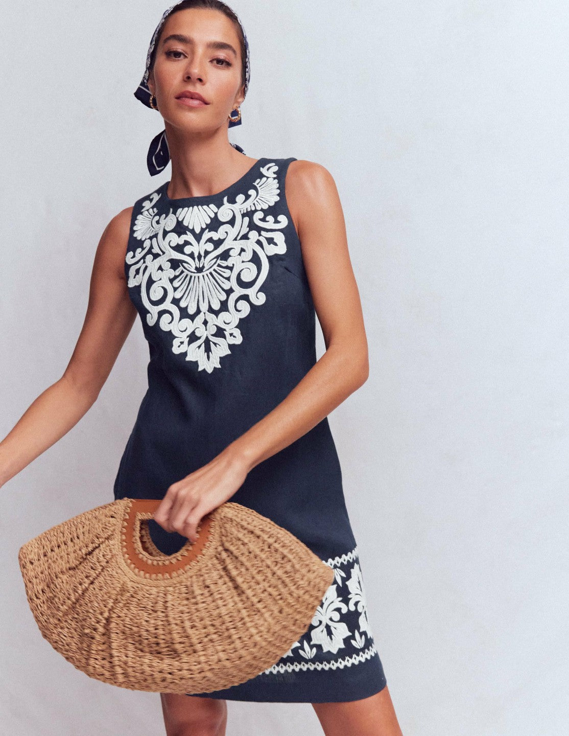 Linen Shift Dress-Navy Embrodiery / Boden Outlet