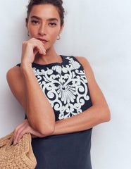 Linen Shift Dress-Navy Embrodiery / Boden Outlet