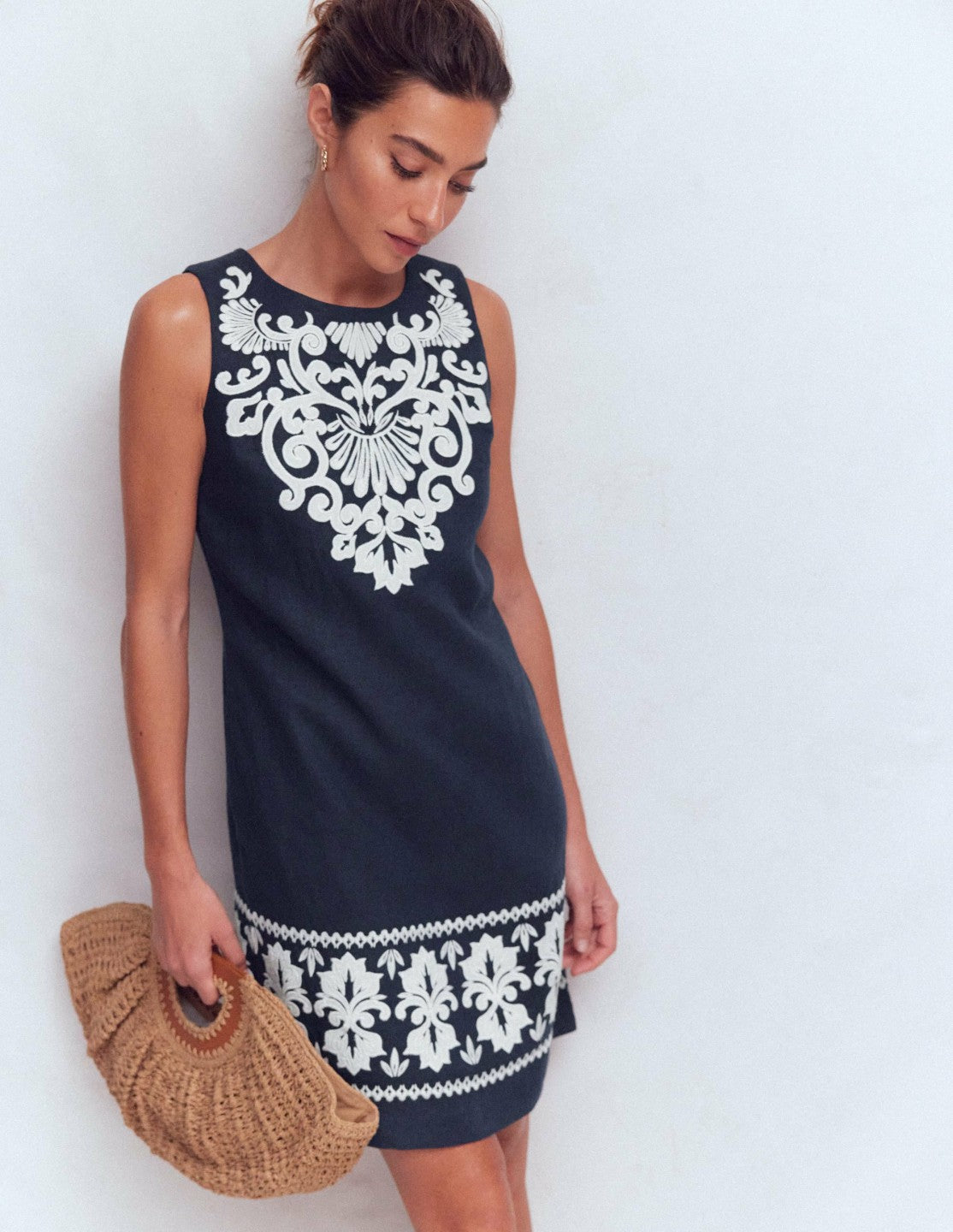 Linen Shift Dress-Navy Embrodiery / Boden Outlet