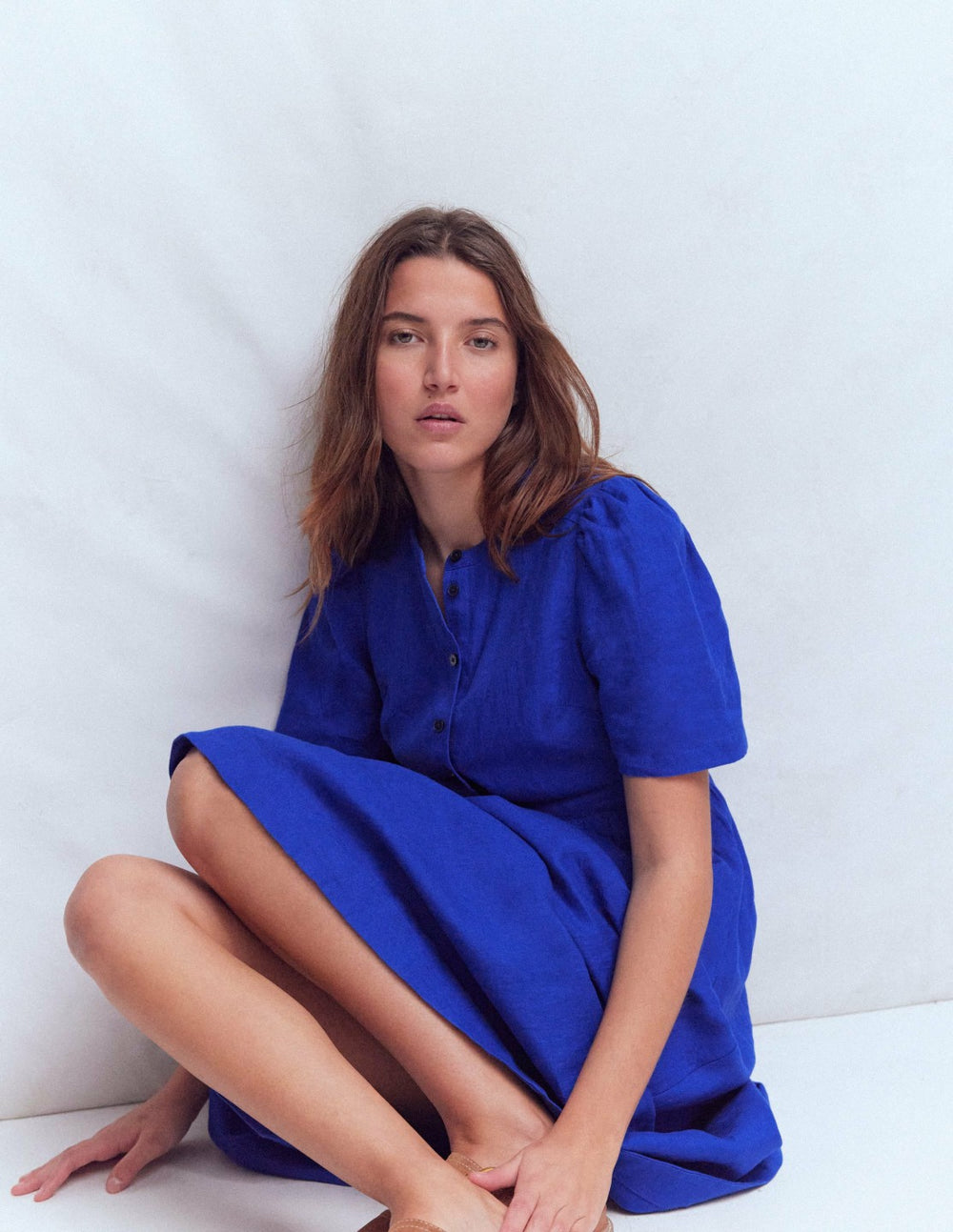 Ivy Placket Linen Midi Dress-Bright Blue / Boden Discount