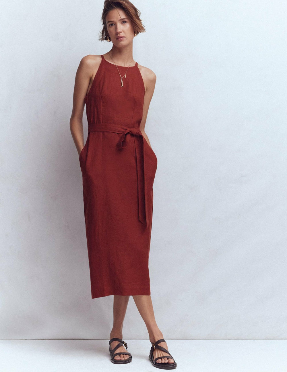 Rosa Halter Linen Midi Dress-Burnt Orange / Boden On sale