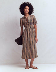 Ivy Placket Linen Midi Dress-French Navy, Rope Trellis / Boden Sale