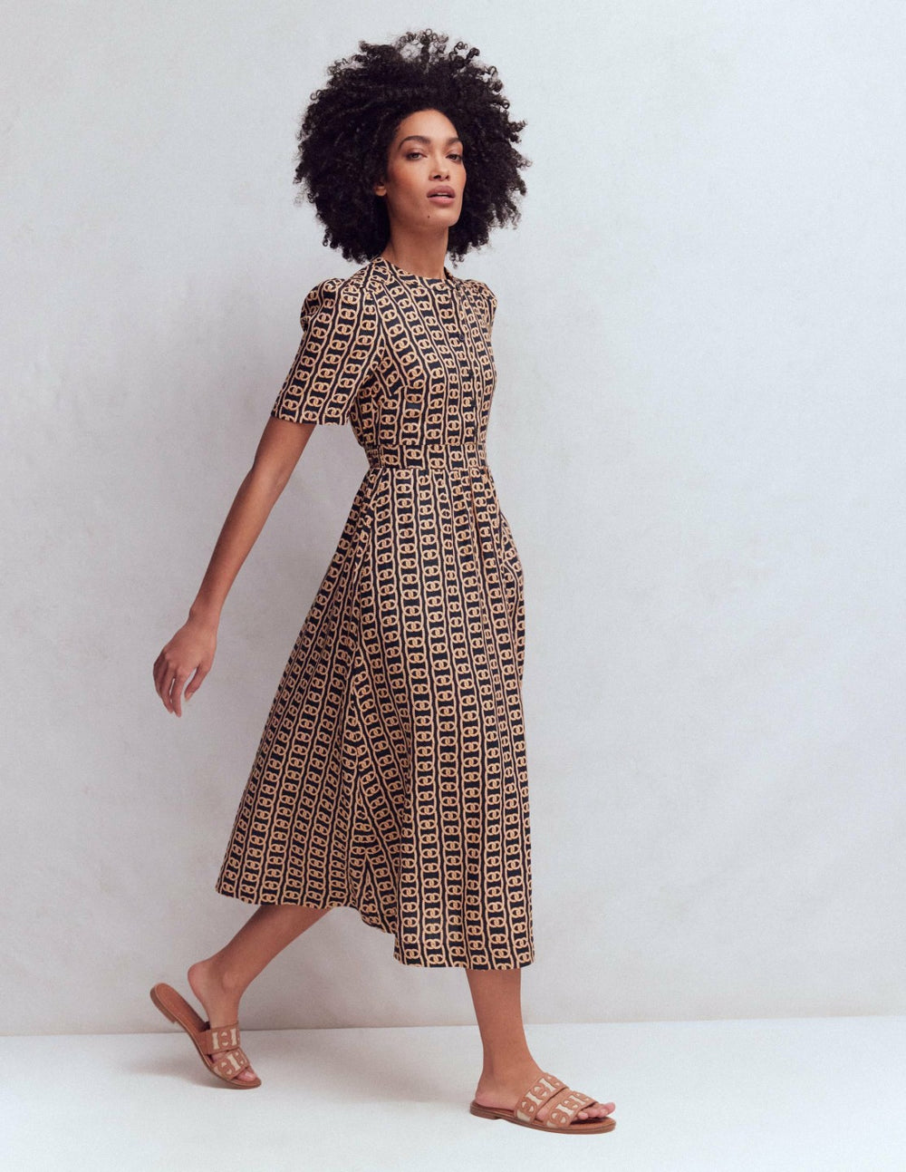 Ivy Placket Linen Midi Dress-French Navy, Rope Trellis / Boden Sale