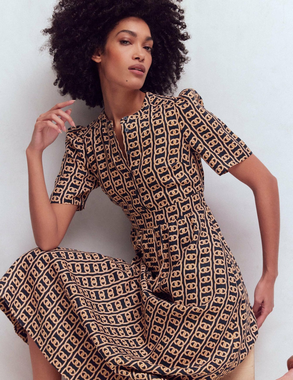 Ivy Placket Linen Midi Dress-French Navy, Rope Trellis / Boden Sale