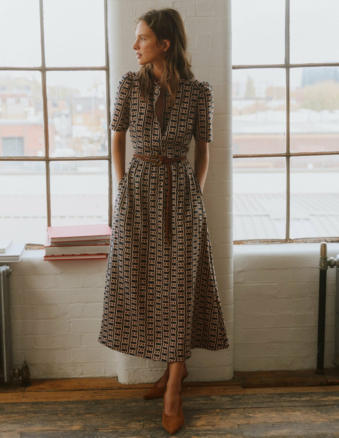 Ivy Placket Linen Midi Dress-French Navy, Rope Trellis / Boden Sale