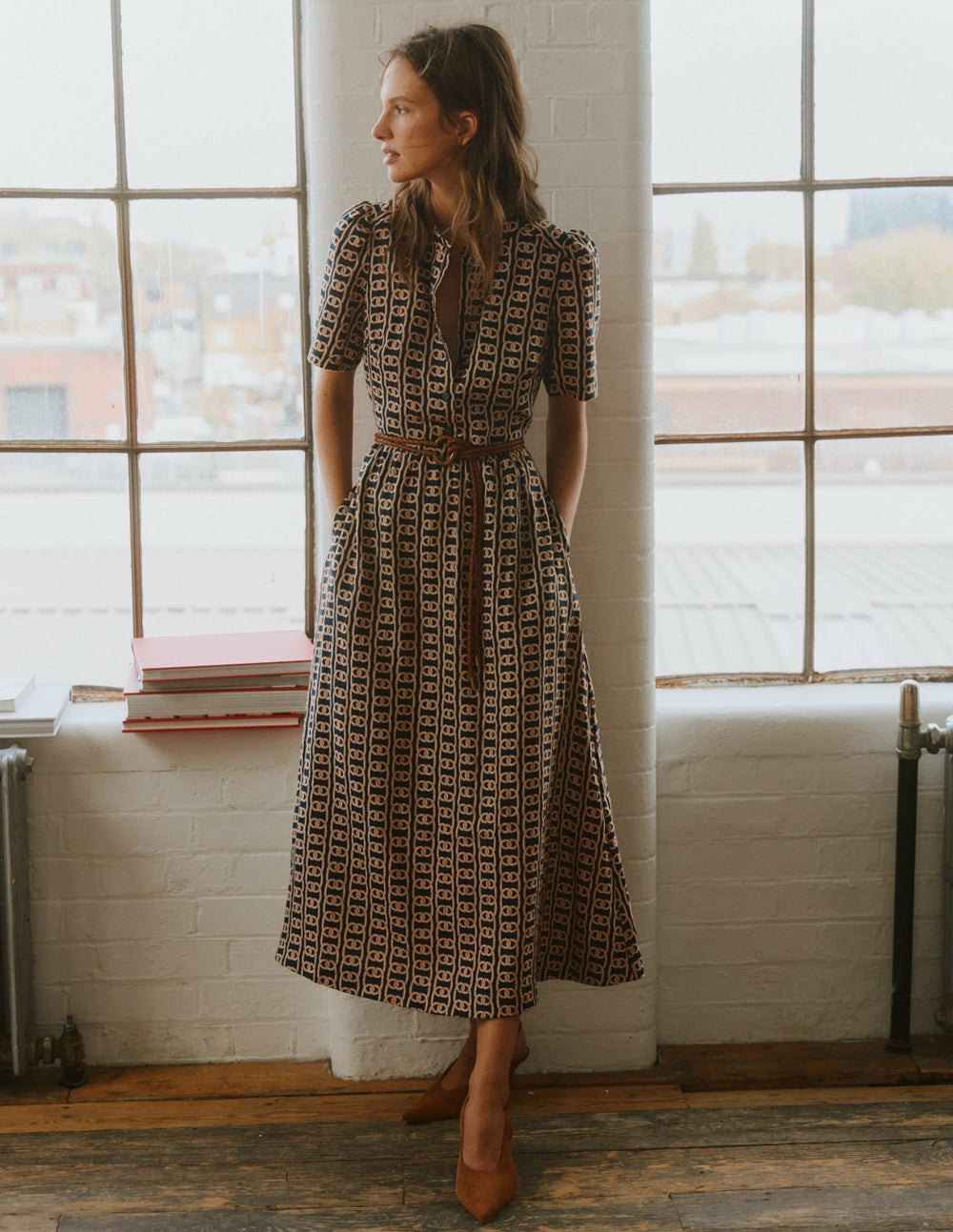 Ivy Placket Linen Midi Dress-French Navy, Rope Trellis / Boden Sale