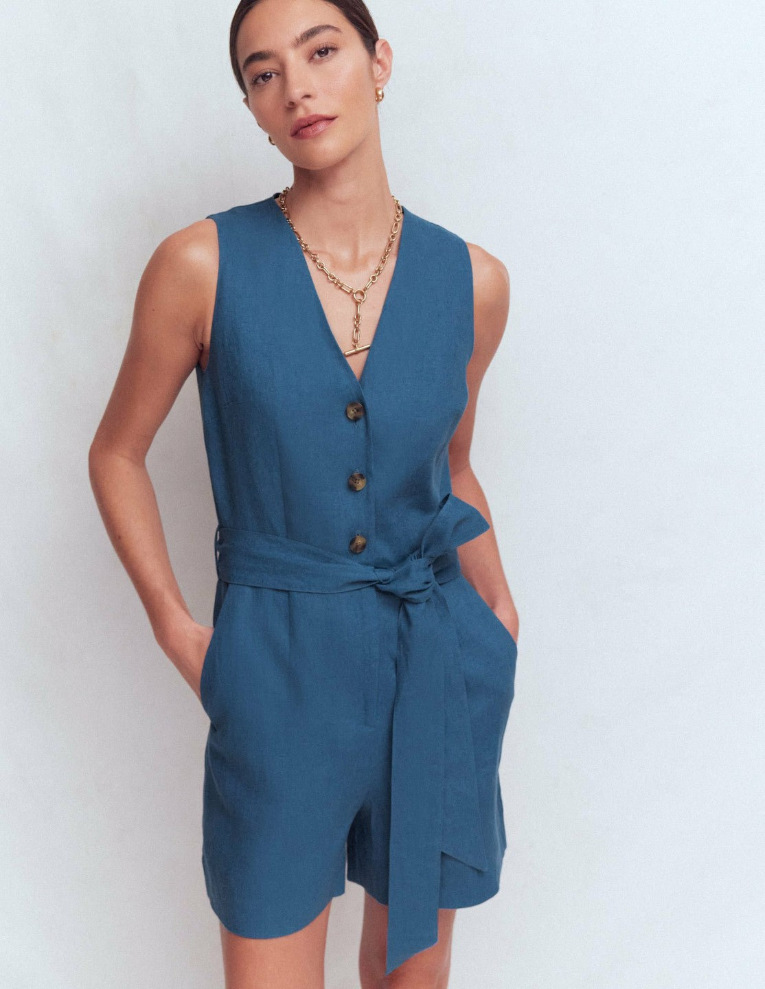 Laura V-neck Linen Playsuit-Tourmaline Blue / Boden Discount