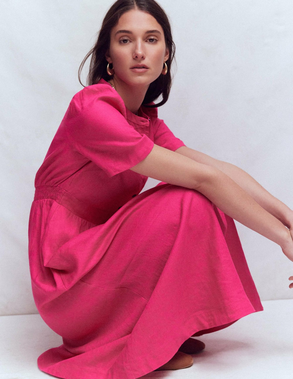 Ivy Placket Linen Midi Dress-Pink Peony / Boden On sale