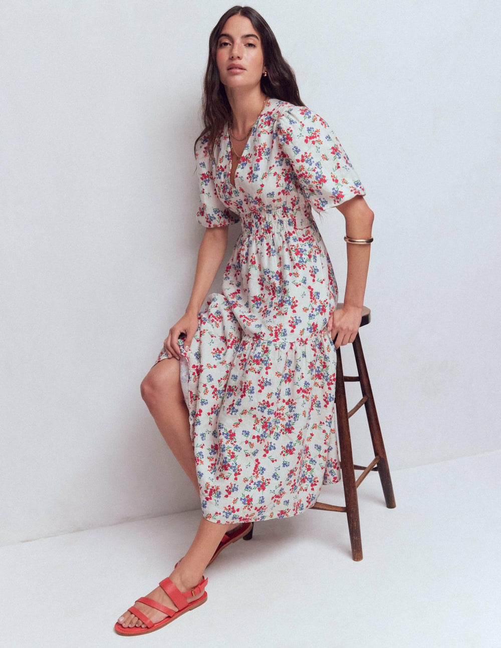 Irene Linen Midi Dress-Ivory, Bloom Scatter / Boden us