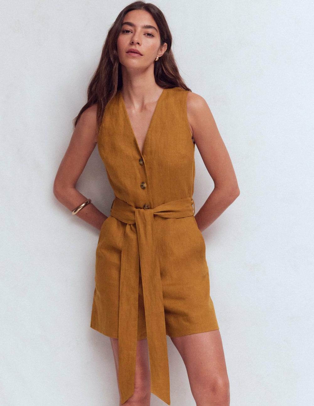 Laura V-neck Linen Playsuit-Gingerbread / Boden