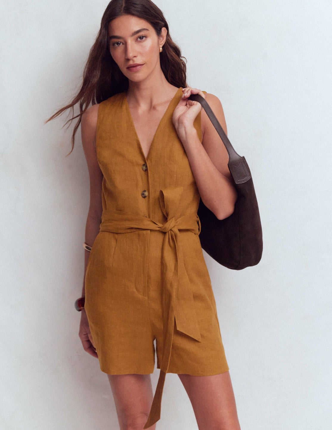 Laura V-neck Linen Playsuit-Gingerbread / Boden