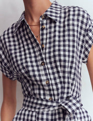 Kay Linen Playsuit-Navy, Ivory Gingham / Boden Sale