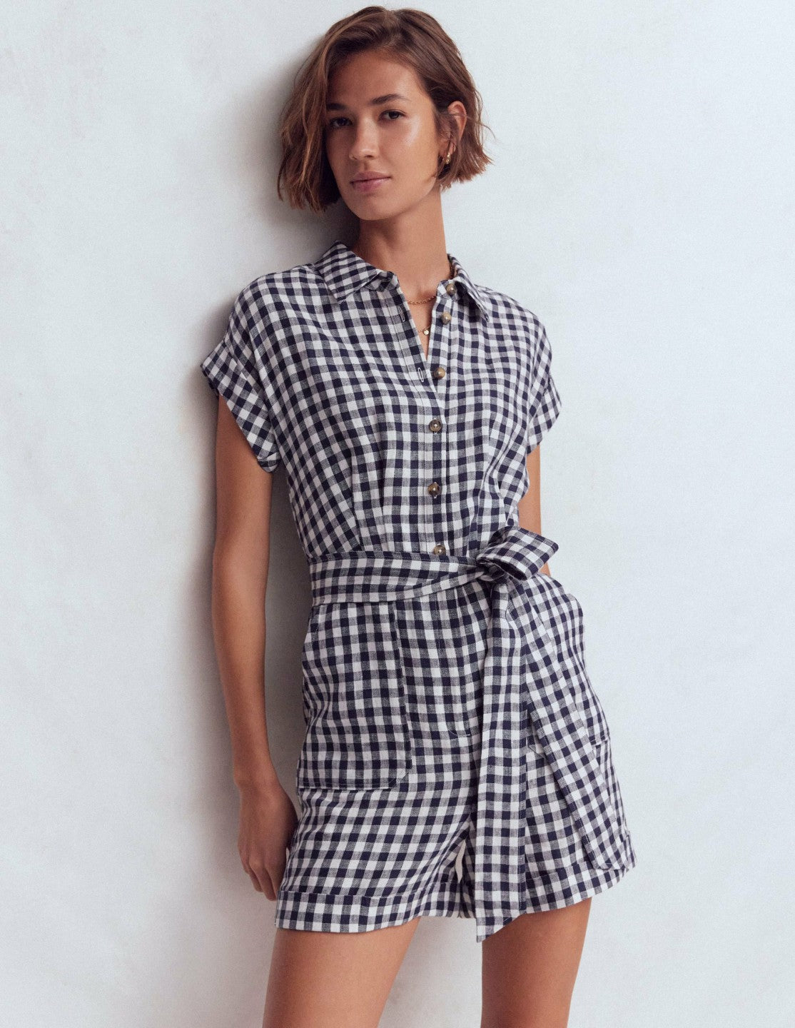 Kay Linen Playsuit-Navy, Ivory Gingham / Boden Sale