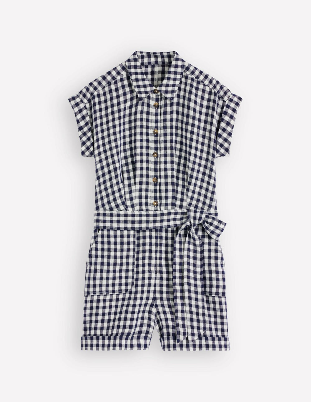 Kay Linen Playsuit-Navy, Ivory Gingham / Boden Sale