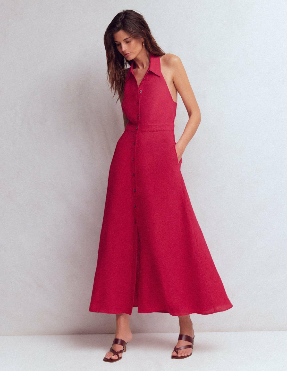 Eva Collar Halter Linen Dress-Pomegranate / Boden Online