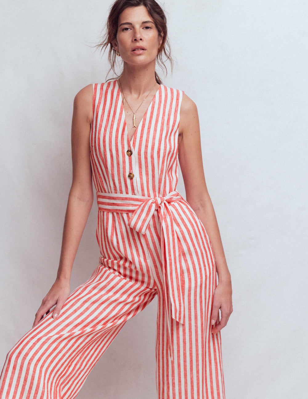 Laura V-neck Linen Jumpsuit-Red, Ivory Stripe / Boden Discount