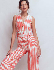 Laura V-neck Linen Jumpsuit-Red, Ivory Stripe / Boden Discount