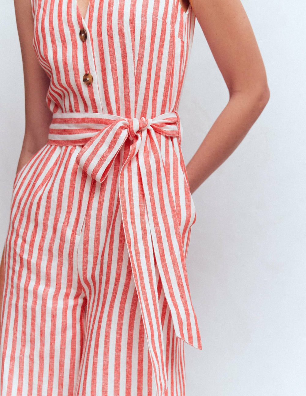 Laura V-neck Linen Jumpsuit-Red, Ivory Stripe / Boden Discount