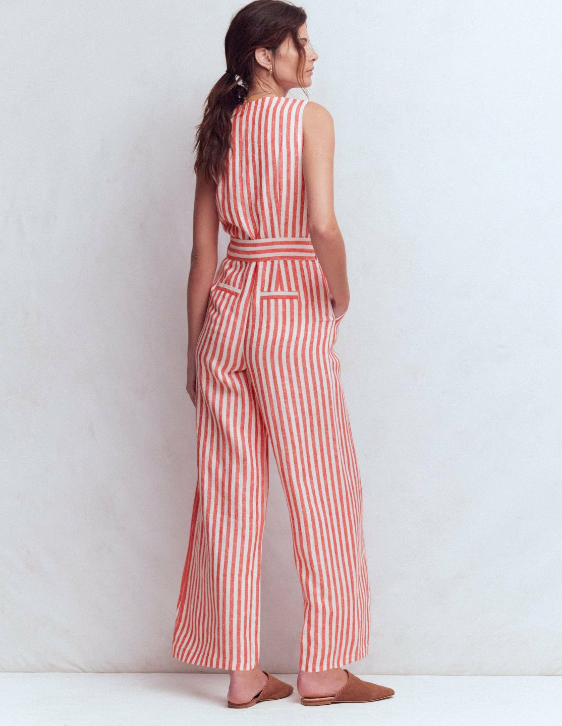 Laura V-neck Linen Jumpsuit-Red, Ivory Stripe / Boden Discount