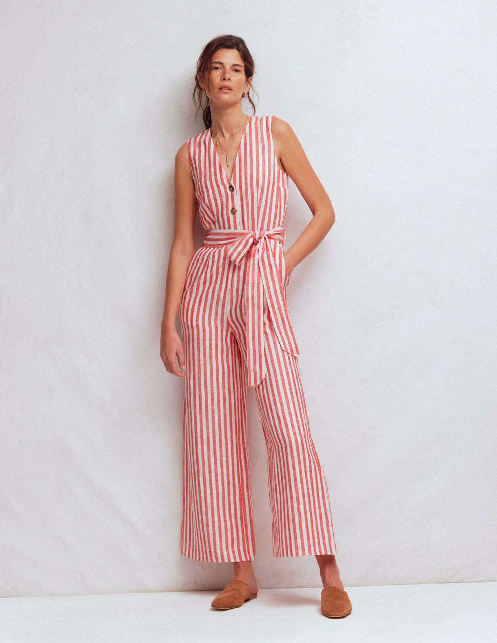 Laura V-neck Linen Jumpsuit-Red, Ivory Stripe / Boden Discount