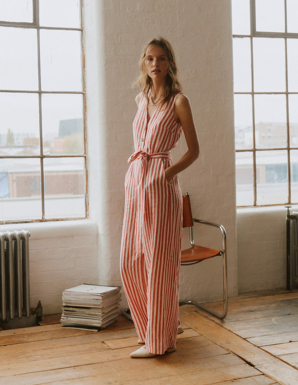 Laura V-neck Linen Jumpsuit-Red, Ivory Stripe / Boden Discount