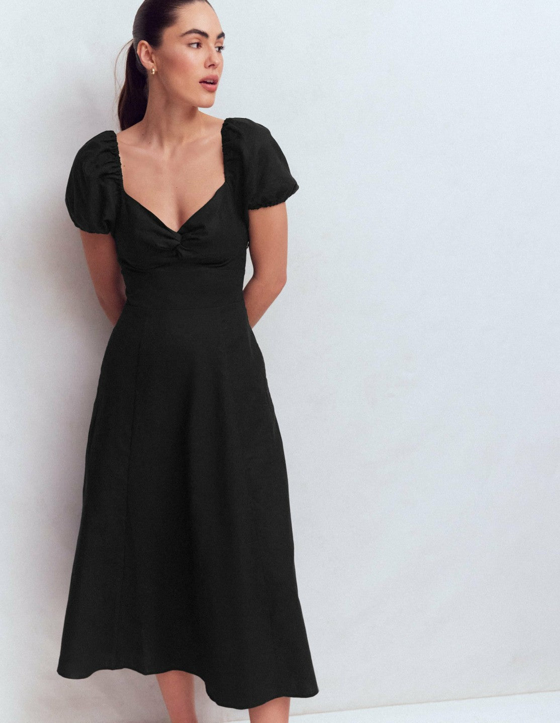 Twist Front Linen Blend Dress-Black / Boden