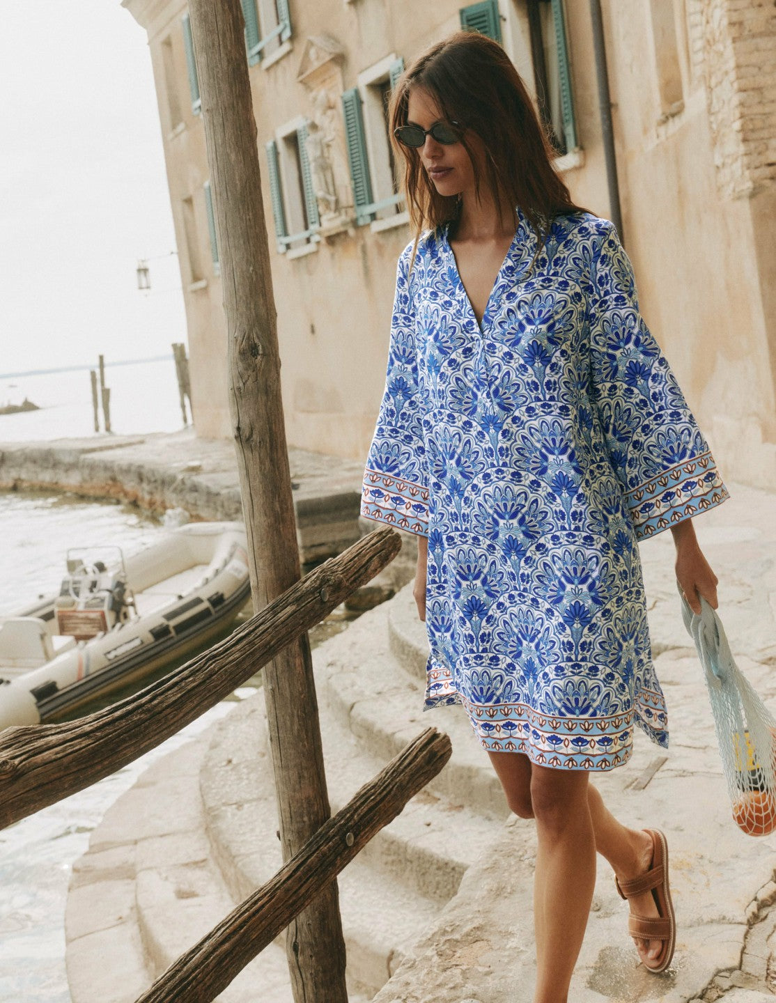 Carmen Linen Short Dress-Bright Blue, Elaborate Terrace / Boden Sale