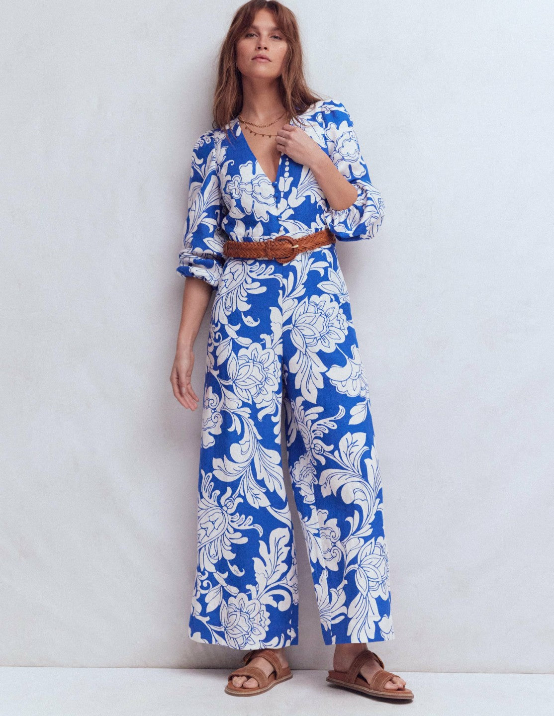 Lola Linen Jumpsuit-Blue Botanical Flourish Mono / Boden Online