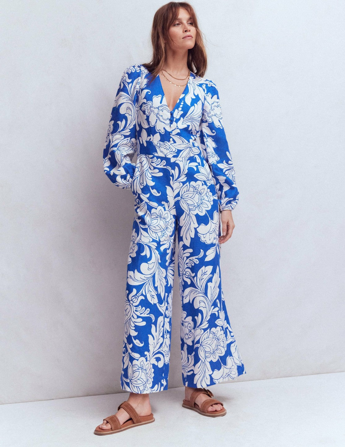 Lola Linen Jumpsuit-Blue Botanical Flourish Mono / Boden Online