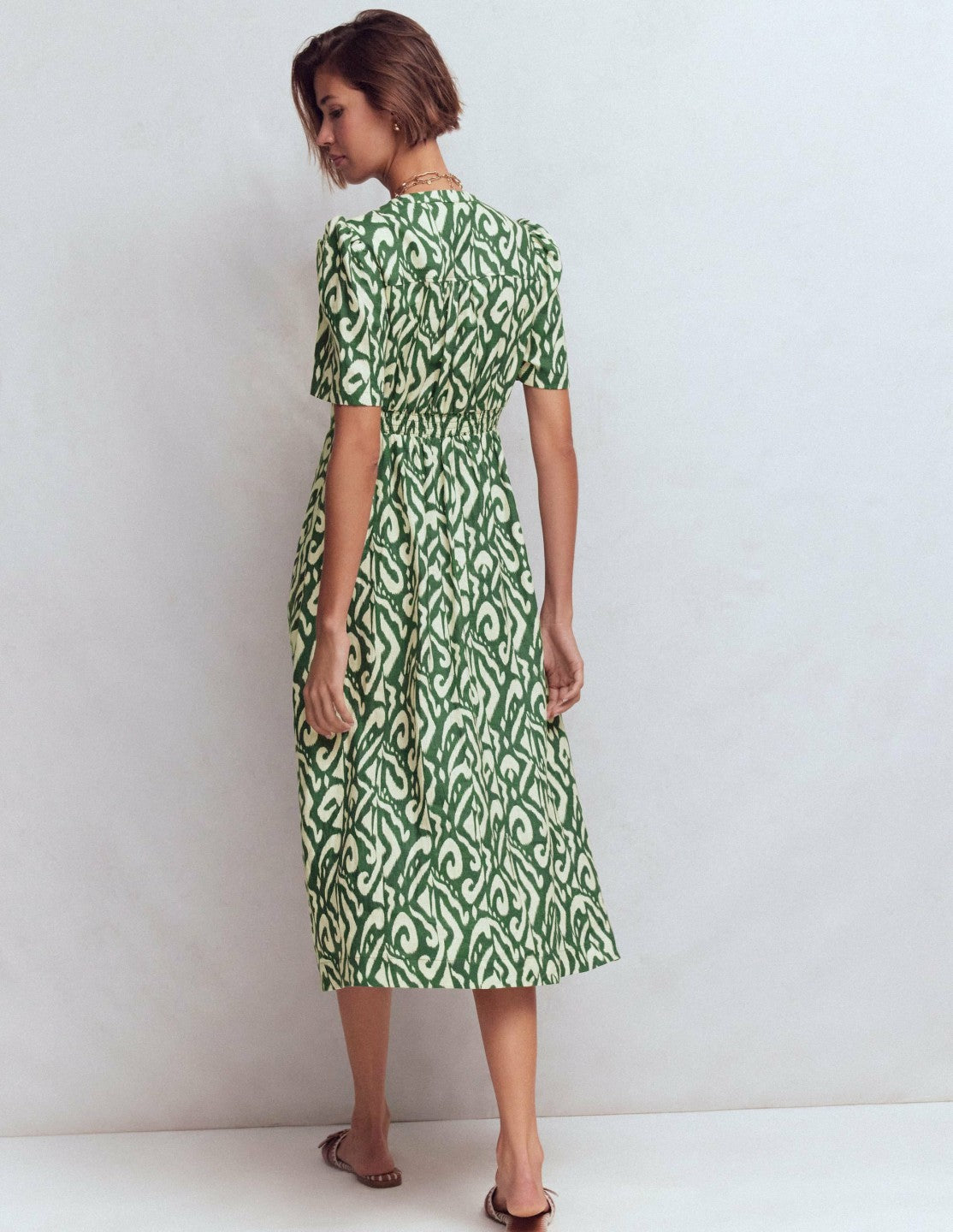 Ivy Placket Linen Midi Dress-Hunter Green Ikat / Boden Outlet
