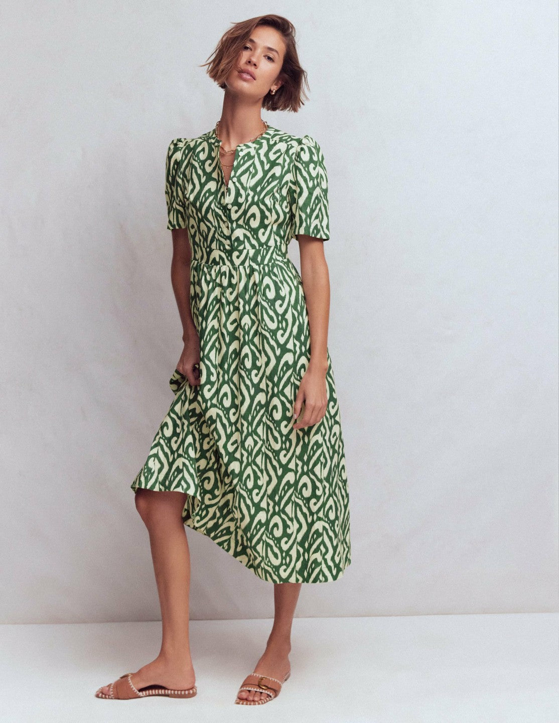 Ivy Placket Linen Midi Dress-Hunter Green Ikat / Boden Outlet